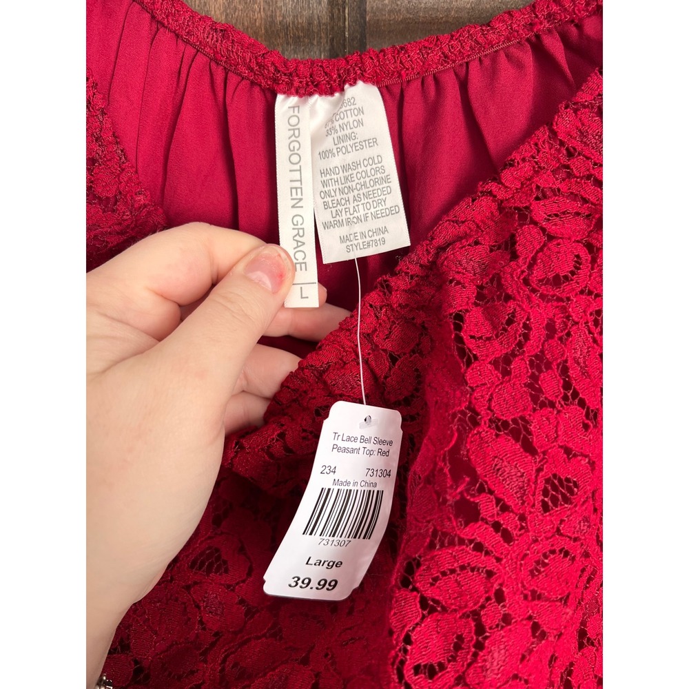 Forgotten‎ Grace Red Floral Lace Peasant Top Bell Sleeve Off Shoulder Large - Picture 2 of 15